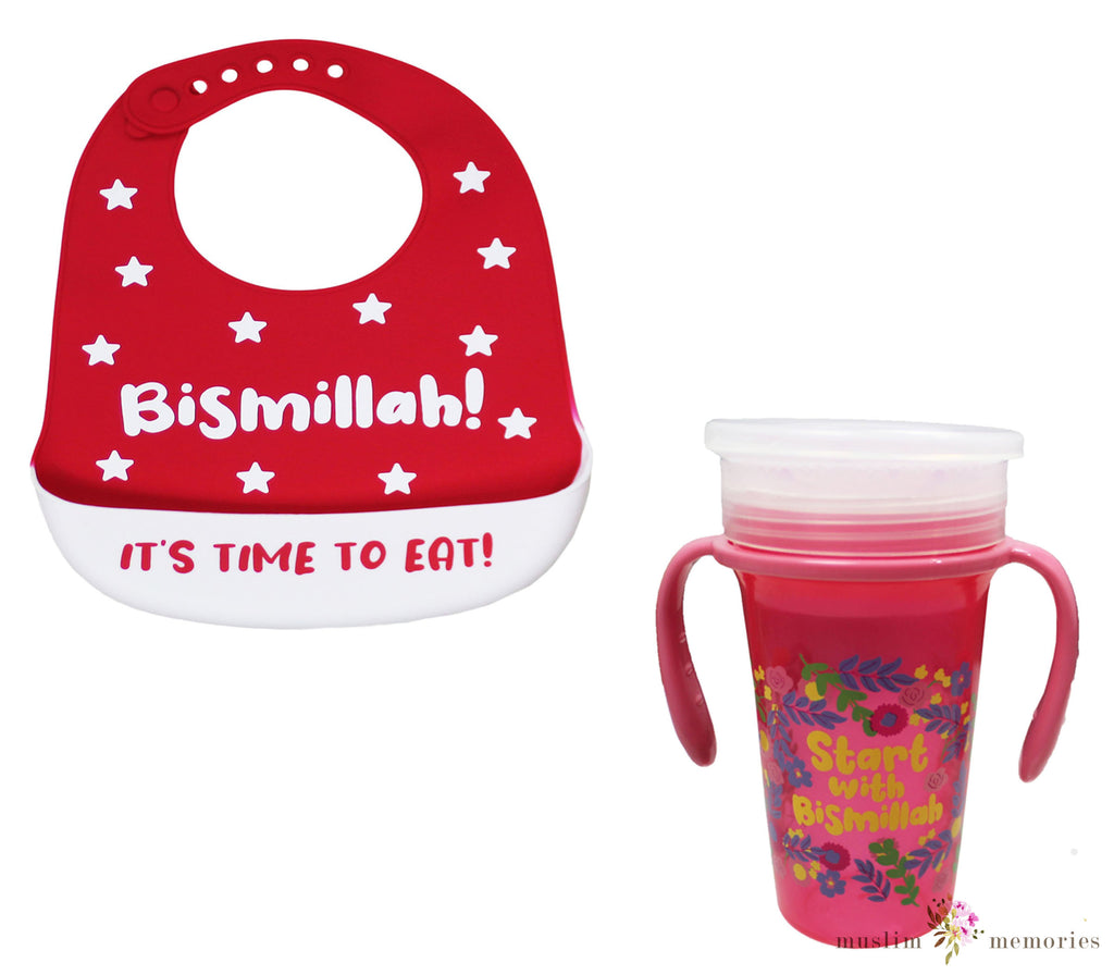 "Time To Eat"  Bismillah Red Bib & Trainer Cup Set Imaan Kidz