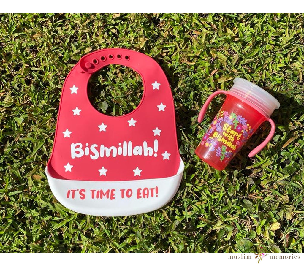 "Time To Eat"  Bismillah Red Bib & Trainer Cup Set Imaan Kidz