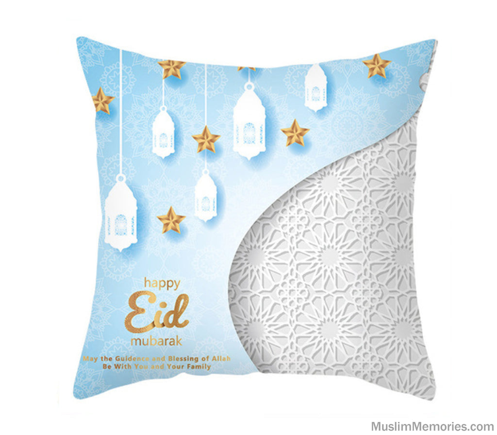 Baby Blue Arabesque Happy Eid Mubarak Pillow Case Muslim Memories