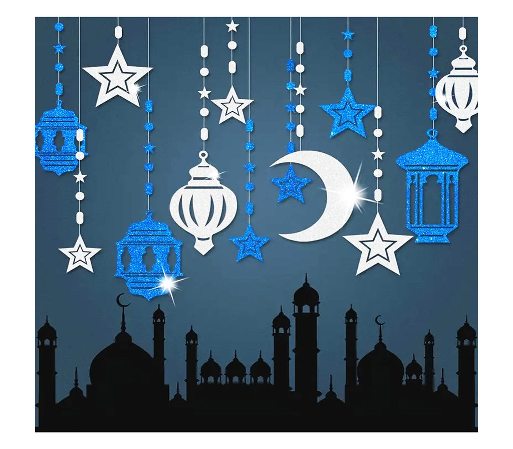 Shining Blue and Silver Star Moon Lantern Ramadan & Eid Garland Muslim Memories