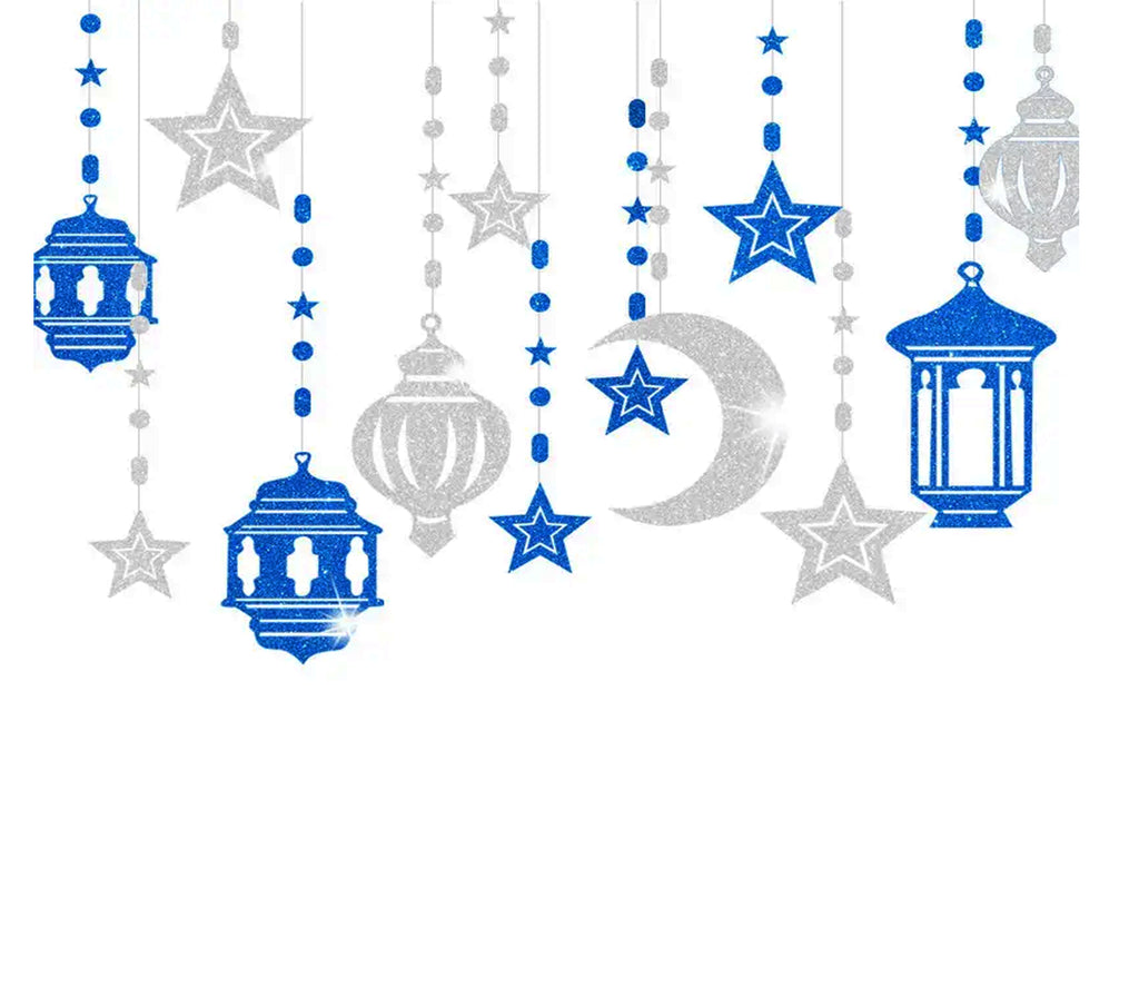 Shining Blue and Silver Star Moon Lantern Ramadan & Eid Garland Muslim Memories