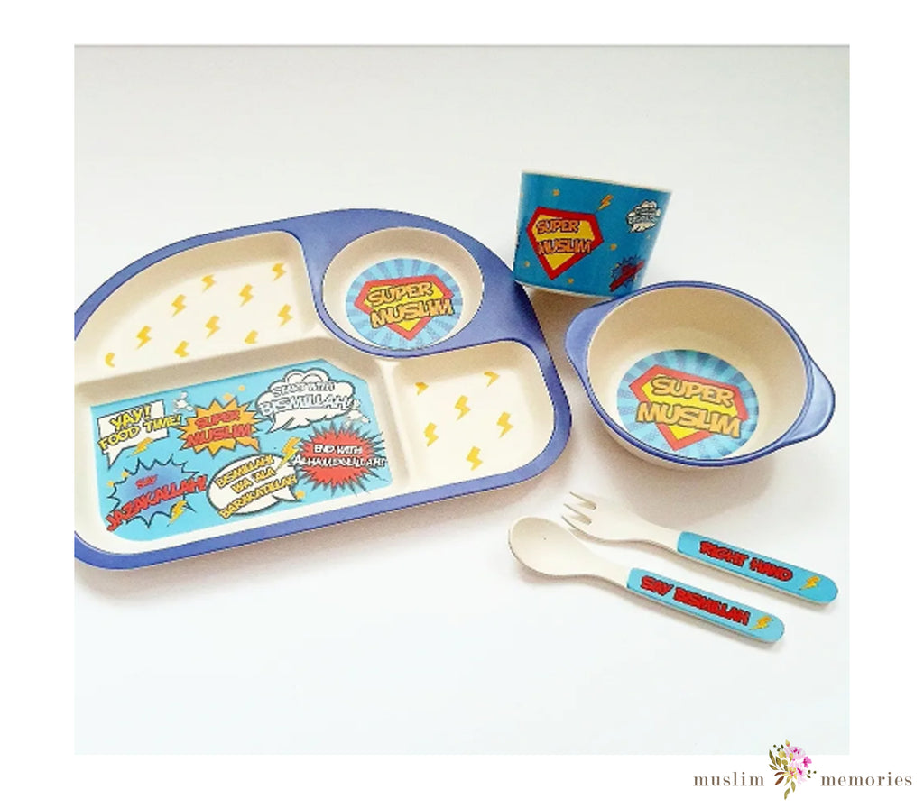 "Super Muslim" Kids Tableware & Bismillah Bib Set Imaan Kidz