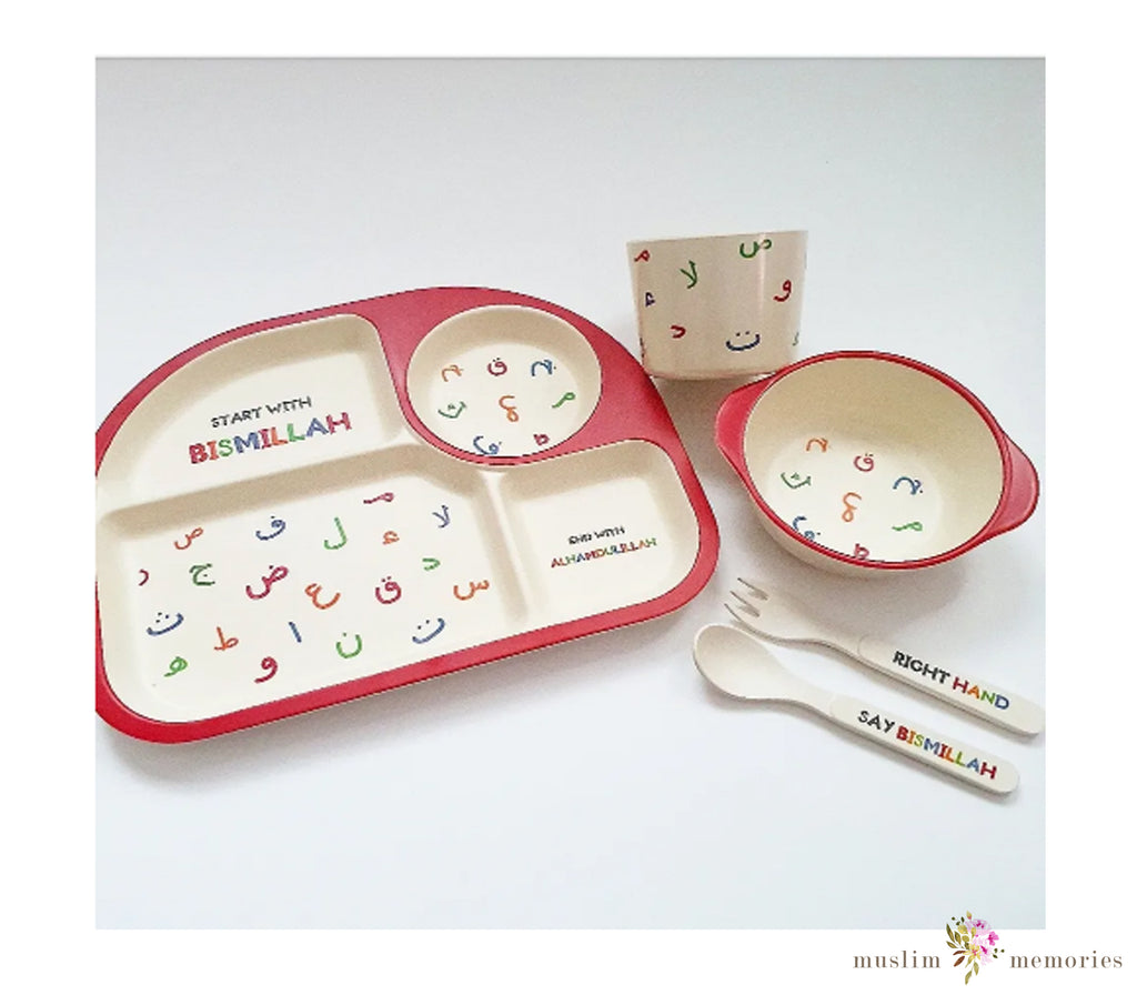 Arabic Alphabets Kids Tableware & Bismillah Bib Set Imaan Kidz