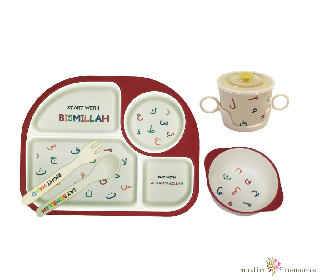 Arabic Alphabets Kids Tableware & Bismillah Bib Set Imaan Kidz