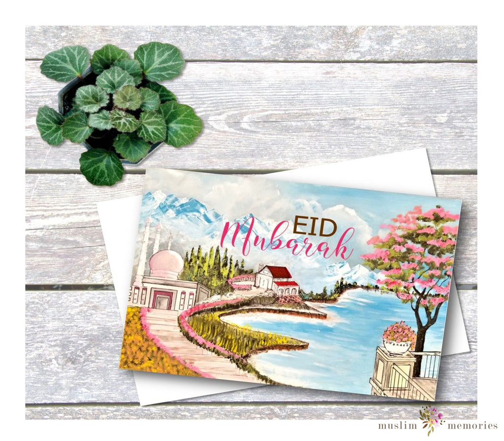 Pink Mosque & River Eid Mubarak Card Muslim Memories