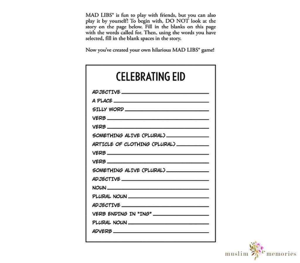 Eid al-Fitr Mad Libs Activity Book For Children By Saadia Faruqi Muslim Memories