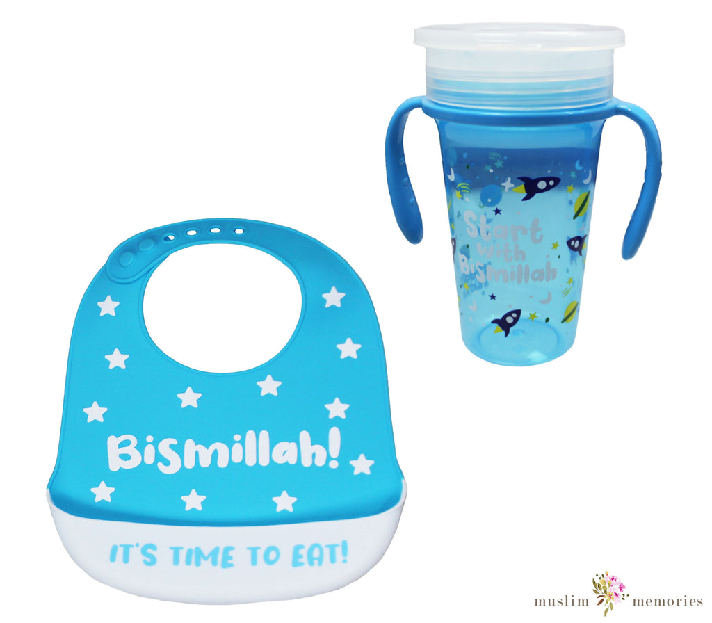 "Time To Eat"  Bismillah Blue Bib & Trainer Cup Set Imaan Kidz