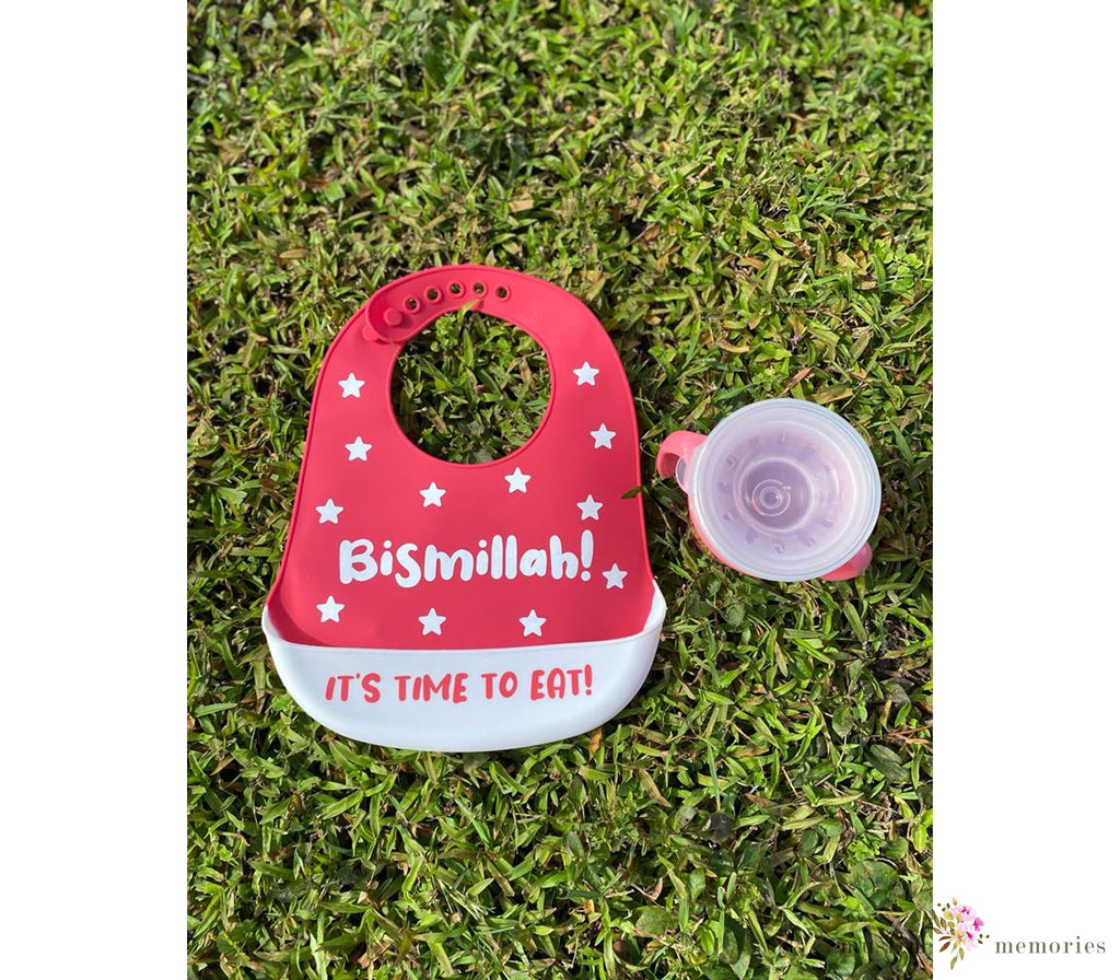 "Time To Eat"  Bismillah Red Bib & Trainer Cup Set Imaan Kidz