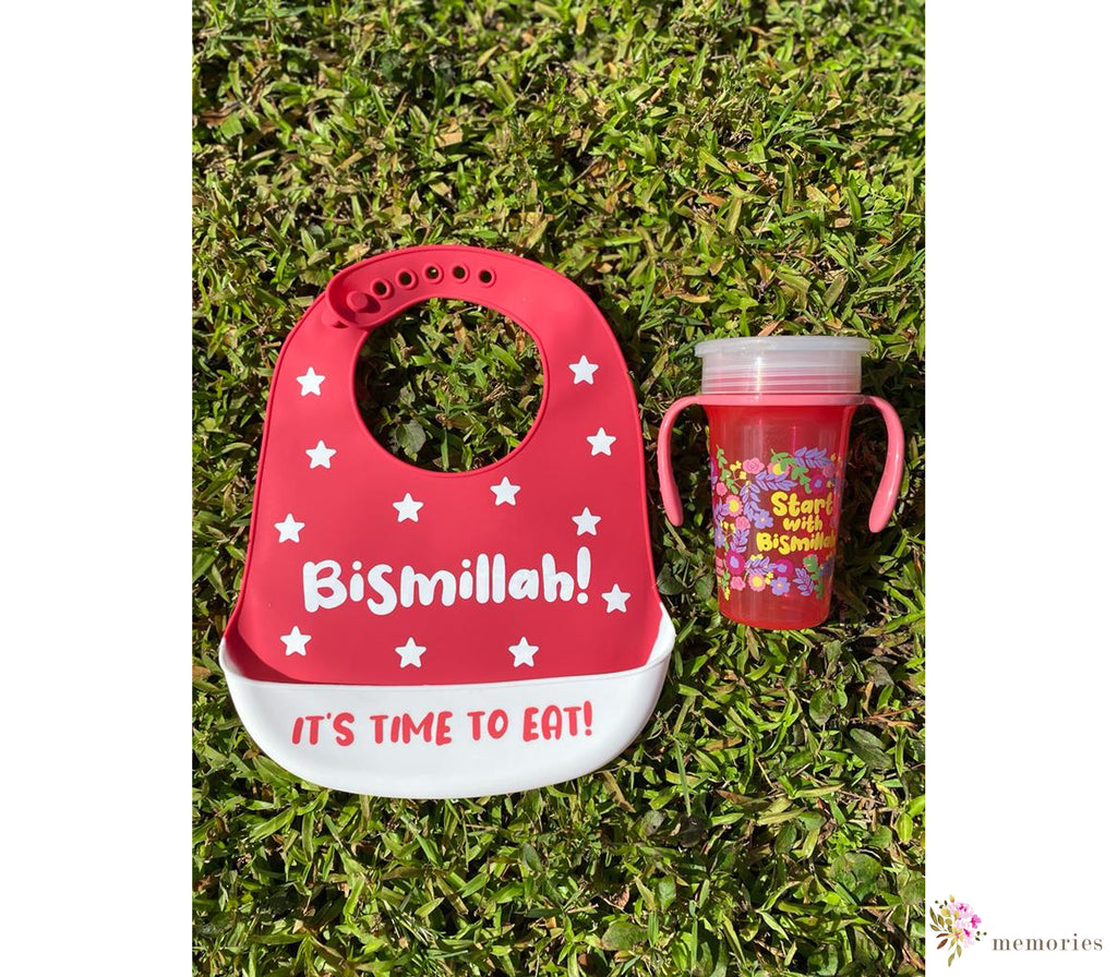"Time To Eat"  Bismillah Red Bib & Trainer Cup Set Imaan Kidz