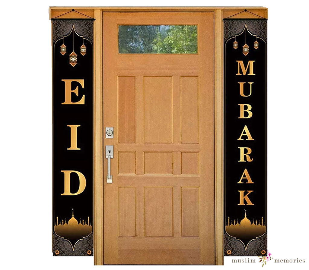 Eid Mubarak Door Curtain Black & Gold Banner Porch Sign Set Muslim Memories