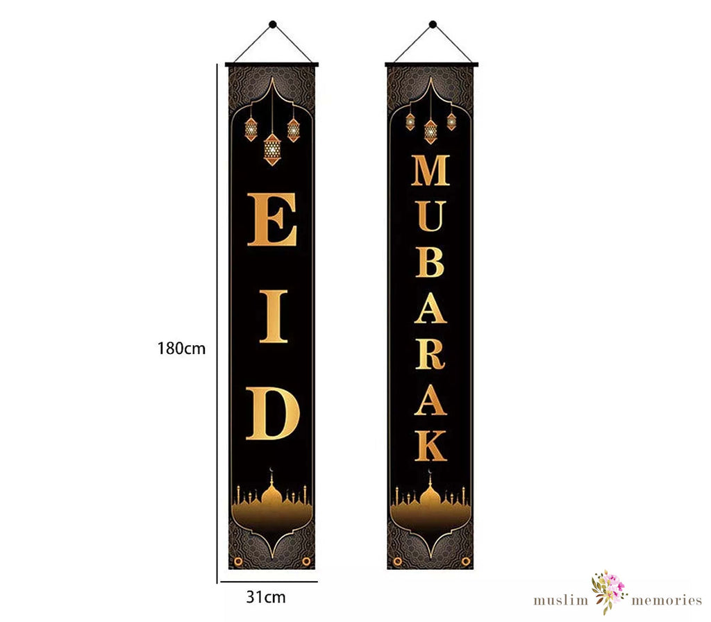 Eid Mubarak Door Curtain Black & Gold Banner Porch Sign Set Muslim Memories