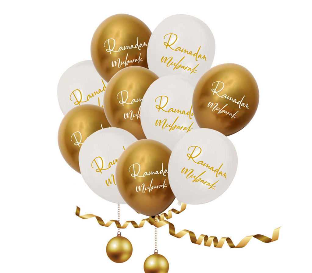 Double Sided Ramadan Mubarak White and Gold Balloons Set of 10 Muslim Memories