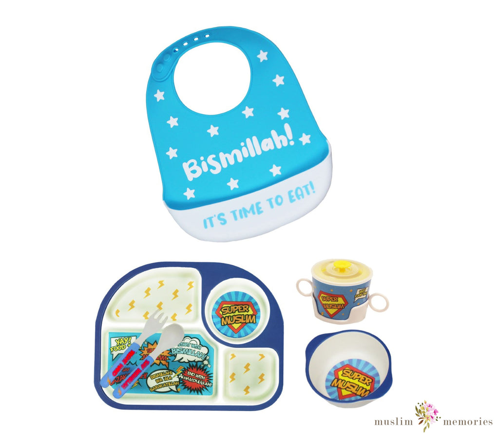 "Super Muslim" Kids Tableware & Bismillah Bib Set Imaan Kidz