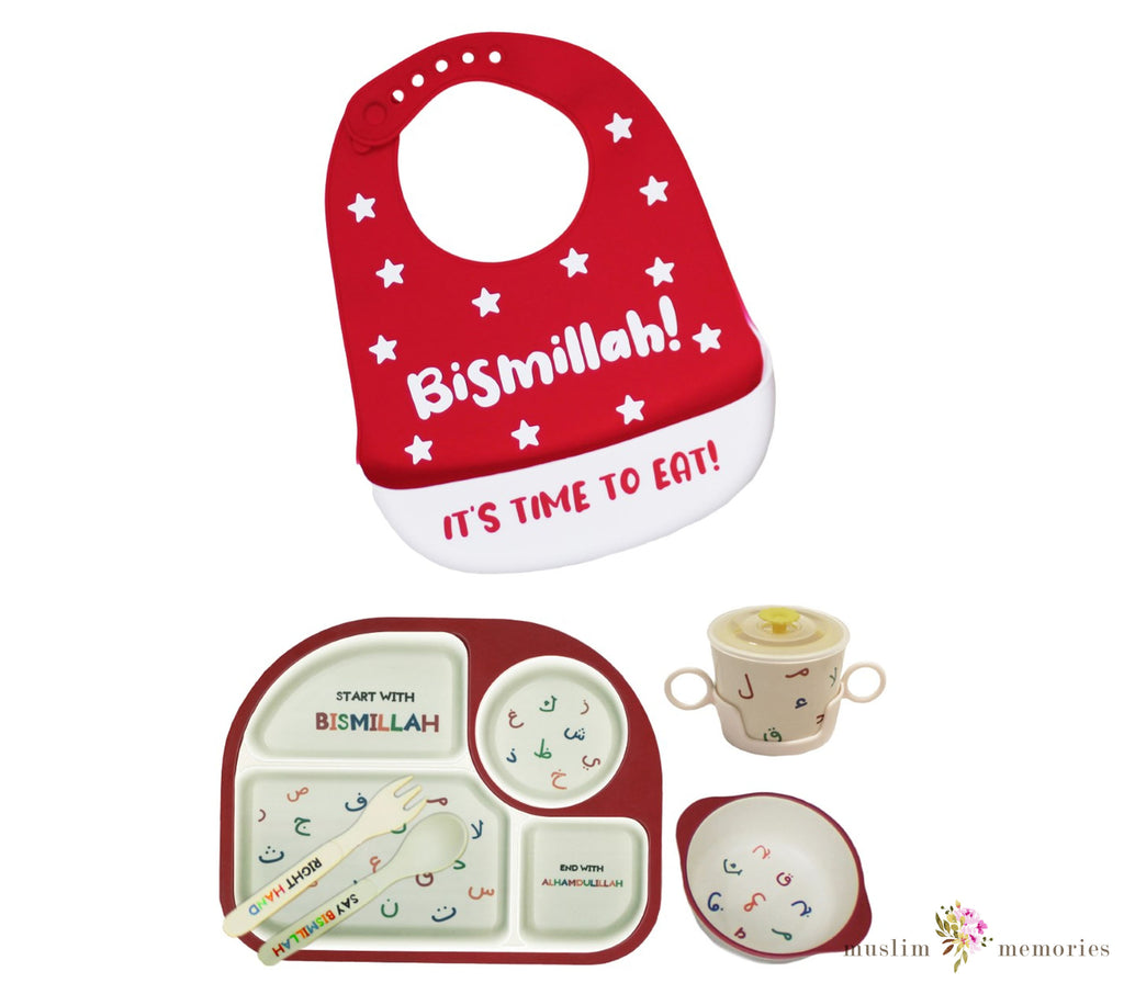 Arabic Alphabets Kids Tableware & Bismillah Bib Set Imaan Kidz