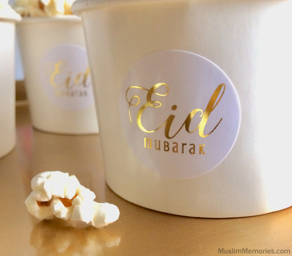 Eid Mubarak Sticker White w/ Foil- 12 pieces (Multiple Colors) Muslim Memories