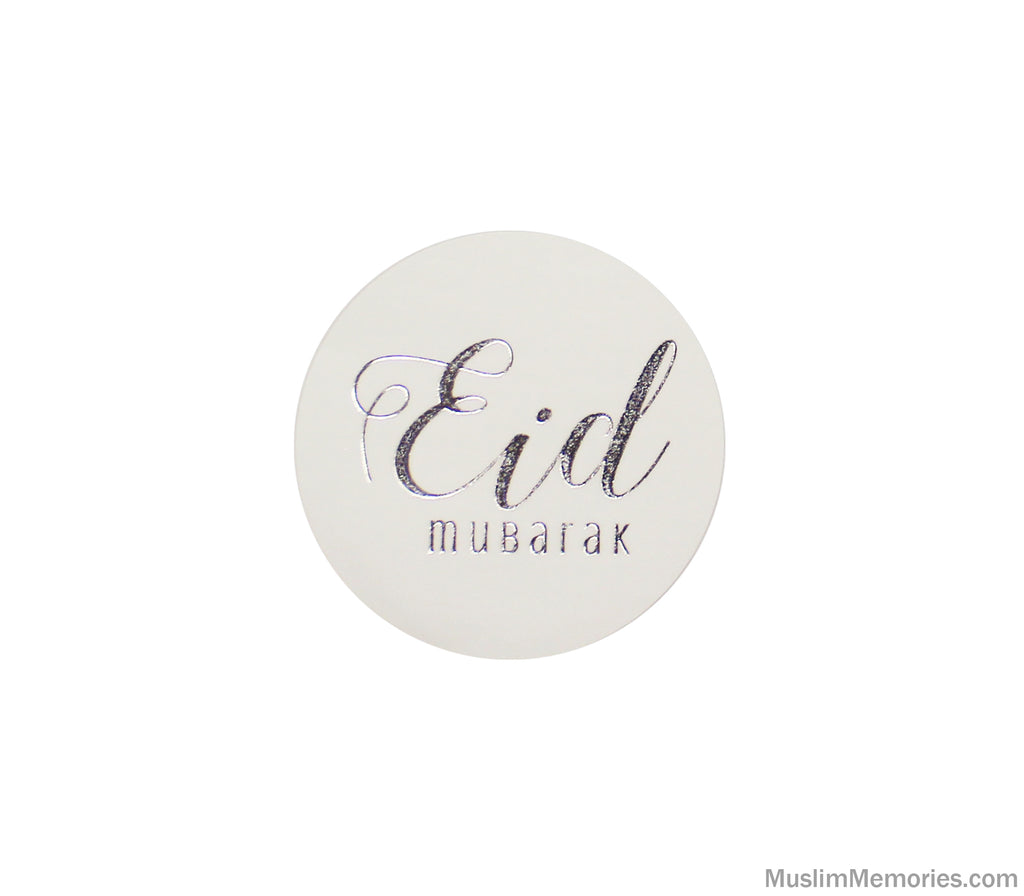 Large Eid Mubarak Sticker White w/Silver Foil- 12 pieces Muslim Memories