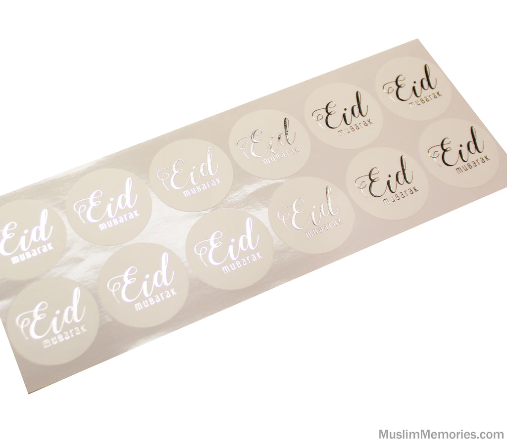 Large Eid Mubarak Sticker White w/Silver Foil- 12 pieces Muslim Memories
