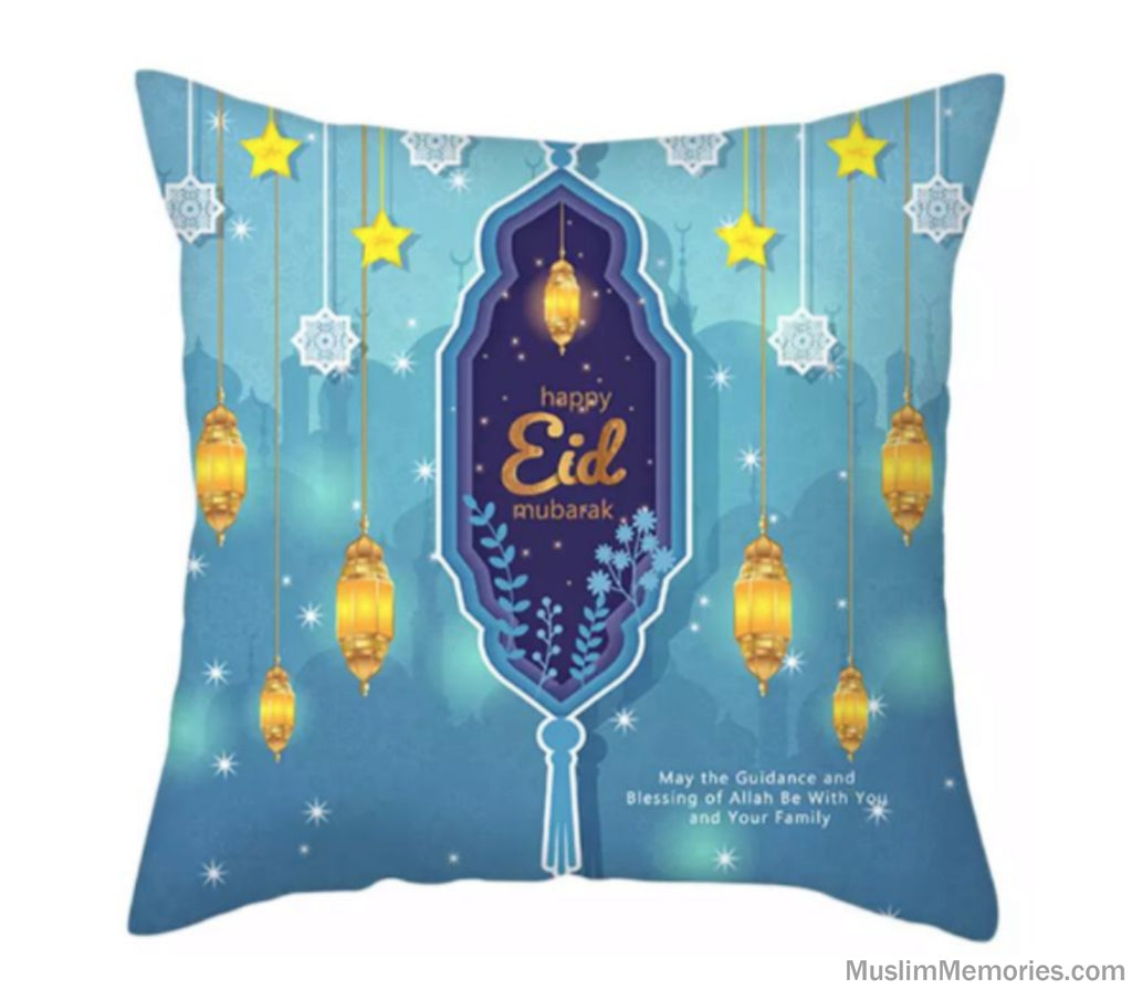 Blue Lantern Happy Eid Mubarak Pillow Case Muslim Memories