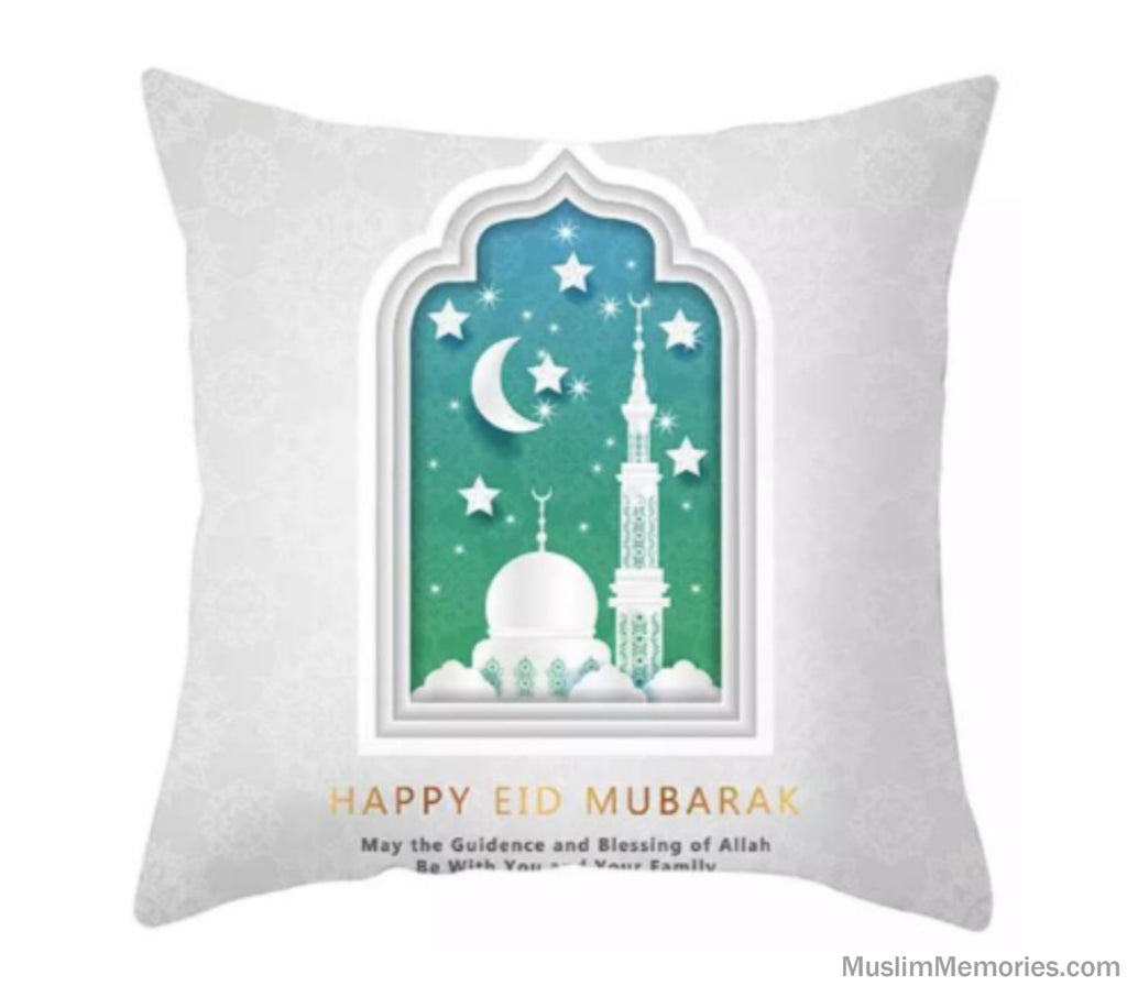 Gray Mosque Happy Eid Mubarak Pillow Case Muslim Memories
