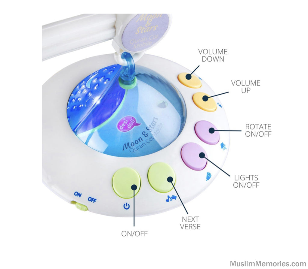 Islamic Baby Crib Mobile Moon and Star with Quran and Light Projection Muslim Memories