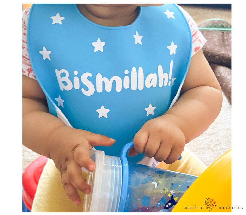 "Time To Eat"  Bismillah Blue Bib & Trainer Cup Set Imaan Kidz